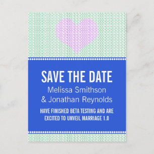 Geek Chic Save the Date Postcard, Blue w/ Heart v4 Announcement Postcard