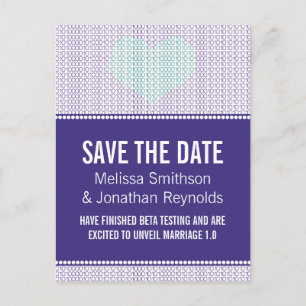 Geek Chic Save the Date Postcard, Purple w/ Heart Announcement Postcard