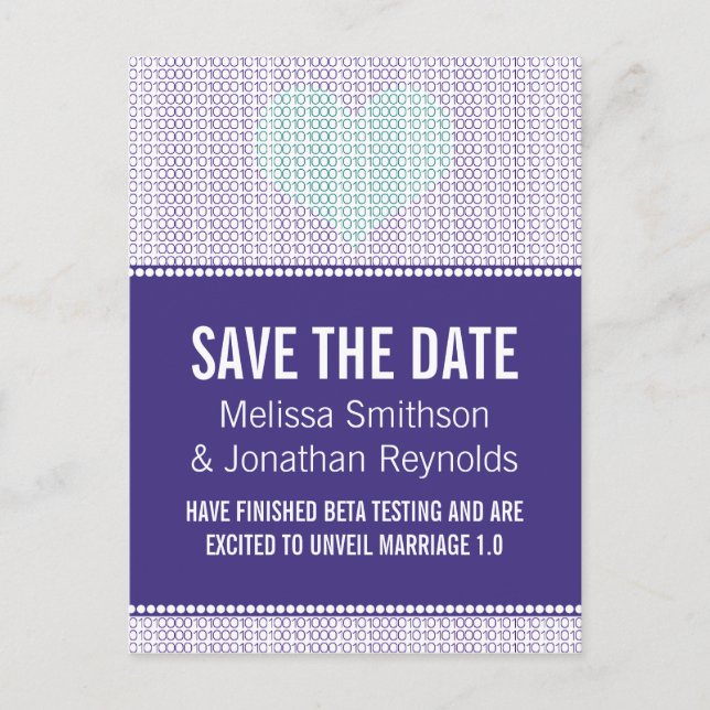Geek Chic Save the Date Postcard, Purple w/ Heart Announcement Postcard (Front)