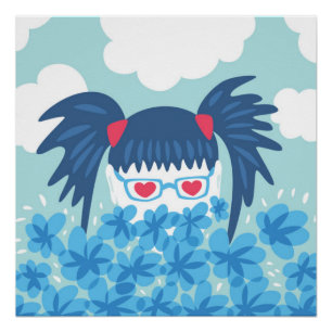 Geek Girl With Blue Hair And Flowers Poster