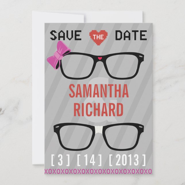 Geek Glasses  & Hearts Wedding Save the Date (Front)
