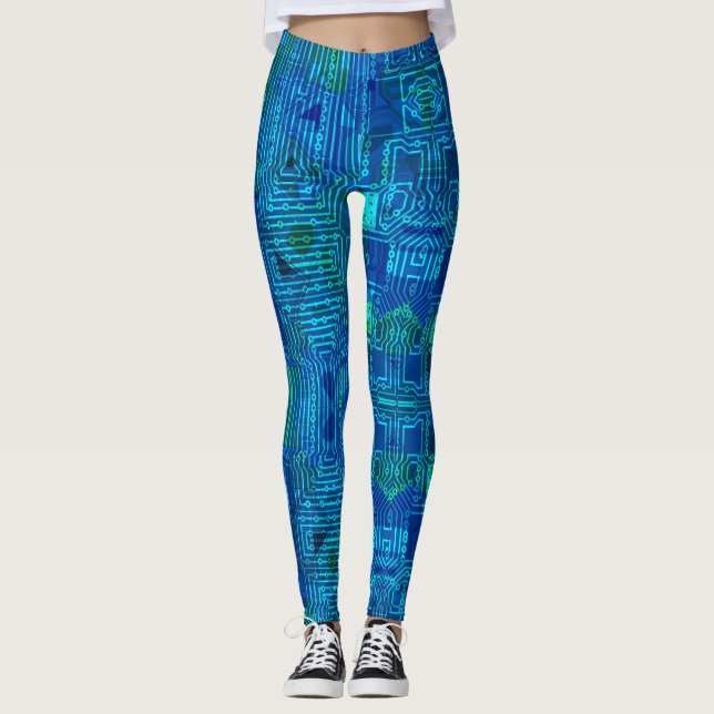Geek, nerdy circuit computer board pattern, blue leggings (Front)