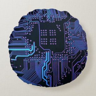 Geek Out Nerd PCB Blue Electronic Circuit Board  Round Cushion