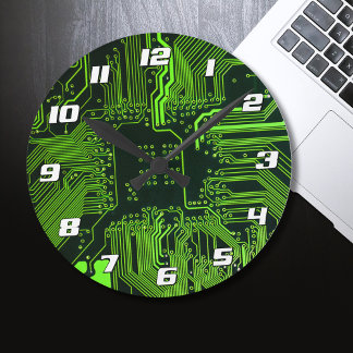 Geek Out Nerd PCB Green Electronic Circuit Board Round Clock