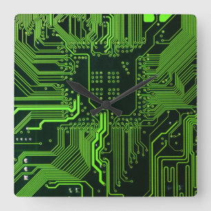 Geek Out Nerd PCB Green Electronic Circuit Board  Square Wall Clock