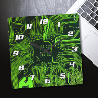 Geek Out Nerd PCB Green Electronic Circuit Board Square Wall Clock