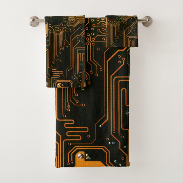 Geek Out Nerd PCB Orange Electronic Circuit Board  Bath Towel Set (Insitu)