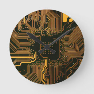 Geek Out Nerd PCB Orange Electronic Circuit Board  Round Clock