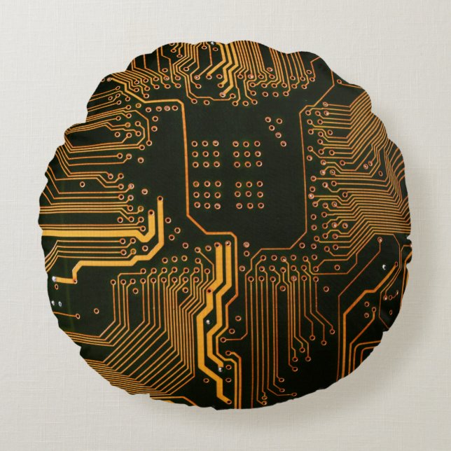 Geek Out Nerd PCB Orange Electronic Circuit Board  Round Cushion (Front)