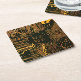 Geek Out Nerd PCB Orange Electronic Circuit Board Square Paper Coaster