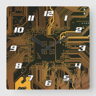 Geek Out Nerd PCB Orange Electronic Circuit Board Square Wall Clock