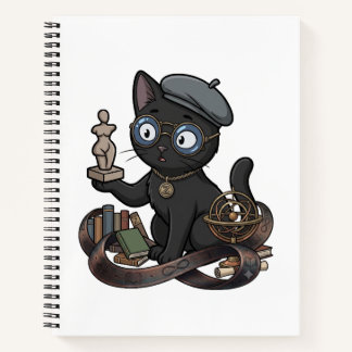 Geeky Black Cat with Glasses Studying Solar System Notebook