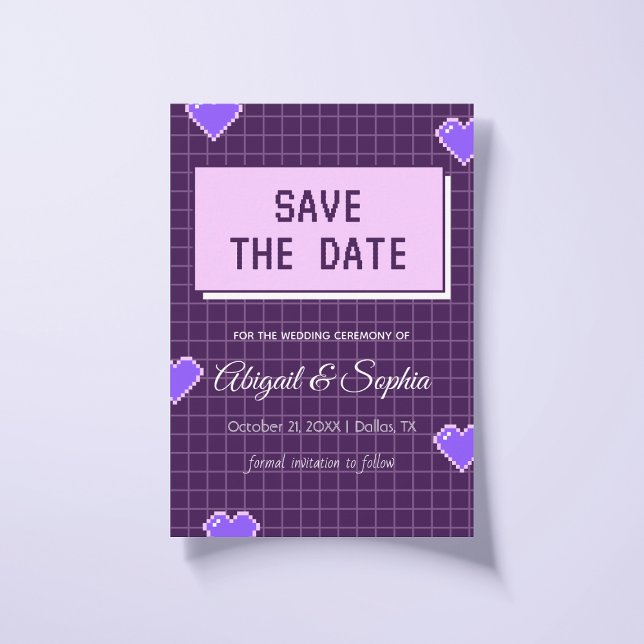 Geeky Gamer Adorable Nerdy Pixelated Purple Nerdy Save The Date (Creator Uploaded)