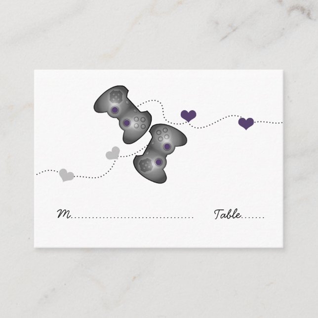 Geeky Gamer Wedding Place Cards (Silver/Purple) (Front)