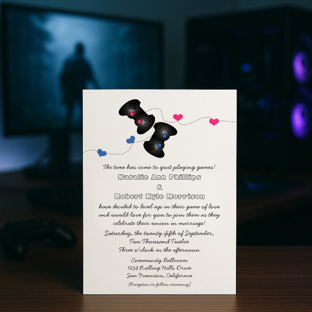 Geeky Gamers Wedding Invitation Dark (Blue/Pink) (Dark Blue and Pink Geeky Gamers Wedding Invitation)