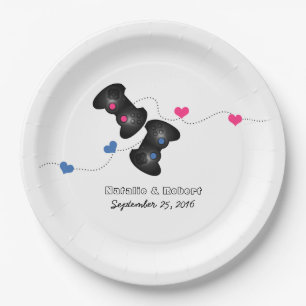 Geeky Gamers Wedding Paper Plates Dark Pink Blue