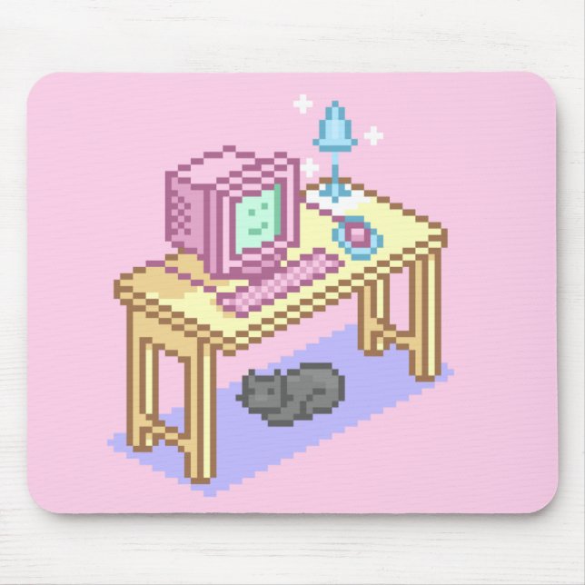 Geeky Girly Pink Pixel Art Computer Mouse Mat (Front)