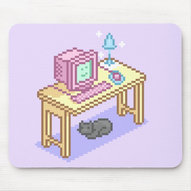 Geeky Girly Purple Pixel Art Computer Mouse Mat (Front)