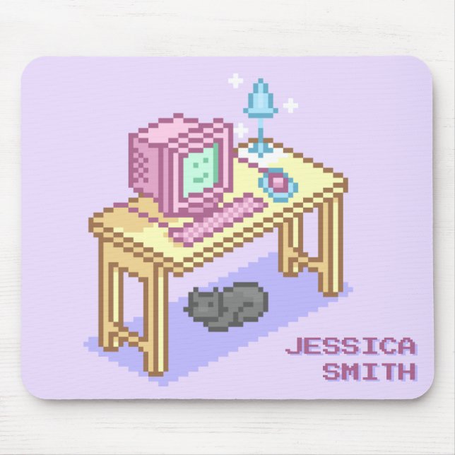 Geeky Girly Purple Pixel Art Computer Name Mouse Mat (Front)
