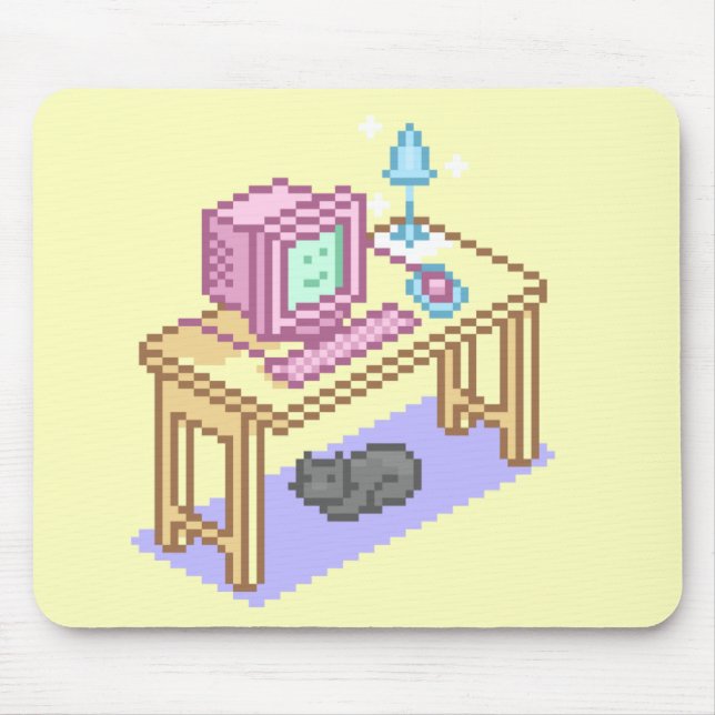 Geeky Girly Yellow Pixel Art Computer Mouse Mat (Front)