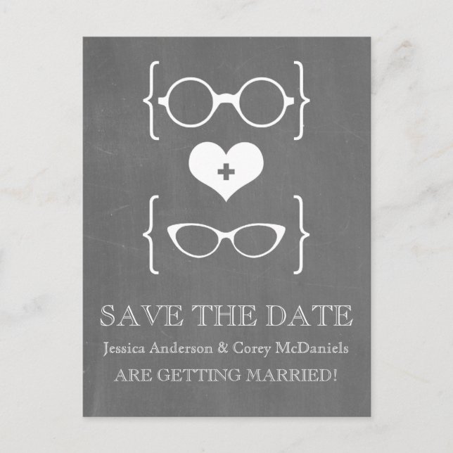 Geeky Glasses Chalkboard Save the Date Postcard (Front)