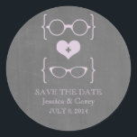 Geeky Glasses Chalkboard Save the Date Stickers<br><div class="desc">Quirky and chic Geeky Glasses Chalkboard Save the Date Stickers in purple featuring a cute heart flanked by two pairs of nerdy eyeglasses, a manly pair and a girly pair representing the groom and bride on a chalkboard look background. These offbeat save the date stickers are perfect for announcing your...</div>