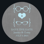 Geeky Glasses Chalkboard Save the Date Stickers<br><div class="desc">Quirky and chic Geeky Glasses Chalkboard Save the Date Stickers in light blue featuring a cute heart flanked by two pairs of nerdy eyeglasses, a manly pair and a girly pair representing the groom and bride on a chalkboard look background. These offbeat save the date stickers are perfect for announcing...</div>
