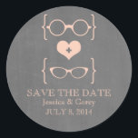 Geeky Glasses Chalkboard Save the Date Stickers<br><div class="desc">Quirky and chic Geeky Glasses Chalkboard Save the Date Stickers in peach featuring a cute heart flanked by two pairs of nerdy eyeglasses, a manly pair and a girly pair representing the groom and bride on a chalkboard look background. These offbeat save the date stickers are perfect for announcing your...</div>
