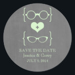 Geeky Glasses Chalkboard Save the Date Stickers<br><div class="desc">Quirky and chic Geeky Glasses Chalkboard Save the Date Stickers in mint green featuring a cute heart flanked by two pairs of nerdy eyeglasses, a manly pair and a girly pair representing the groom and bride on a chalkboard look background. These offbeat save the date stickers are perfect for announcing...</div>