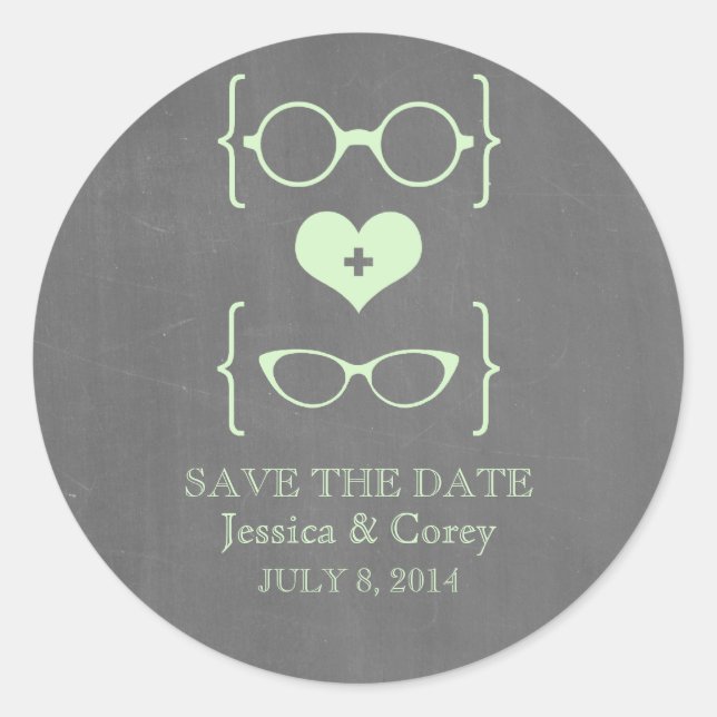 Geeky Glasses Chalkboard Save the Date Stickers (Front)