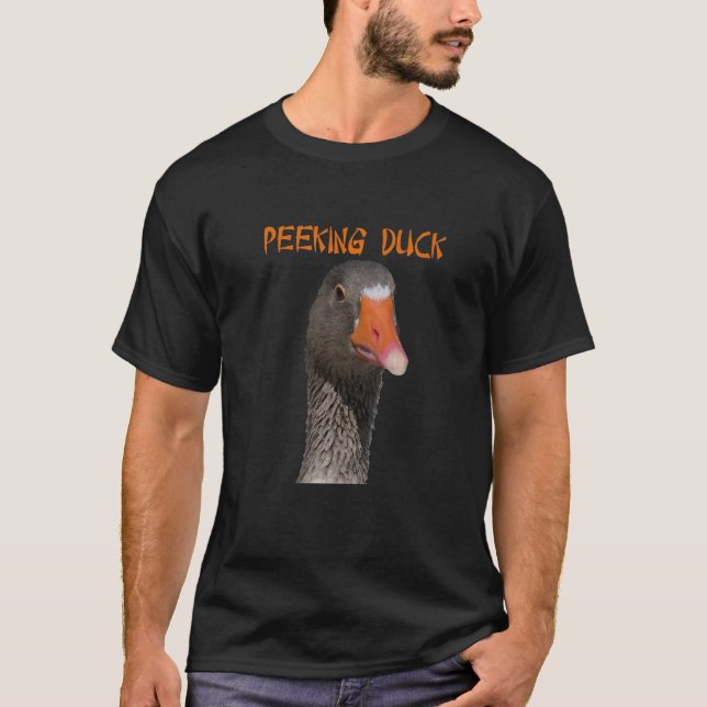 Geeky Peeking Duck Under Asian Style Text T-Shirt (Front)