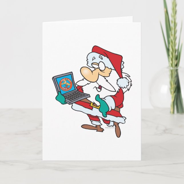 geeky technology savvy santa with a laptop cartoon holiday card (Front)
