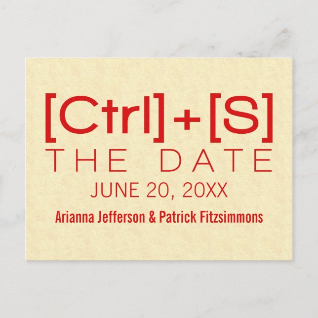 Geeky Typography Save the Date Postcard, Red Announcement Postcard (Front)