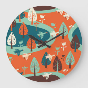 Geese Forest: Vintage Nature Scene Large Clock