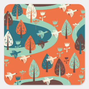 Geese Forest: Vintage Nature Scene Square Sticker