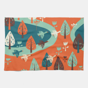 Geese Forest: Vintage Nature Scene Tea Towel