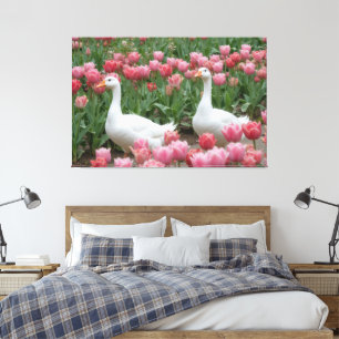 Geese in a Pink Wildflower Meadow Animal Lover Canvas Print