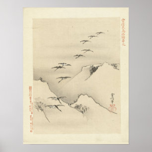 Geese Over Mountains, Antique Japanese Painting Poster