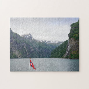 Geiranger fjord with Norwegian flag jigsaw puzzle