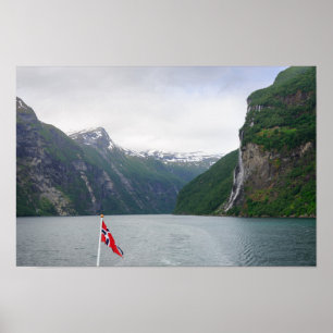 Geiranger fjord with Norwegian flag poster