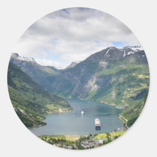 Geirangerfjord view in Norway round sticker