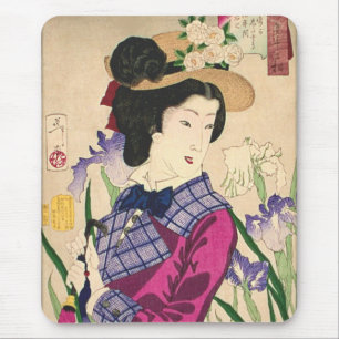 Geisha and Irises Japanese Woodblock Art Ukiyo-e Mouse Mat