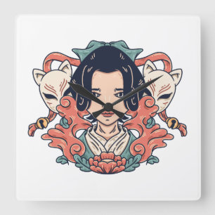 Geisha And Kitsune Square Wall Clock