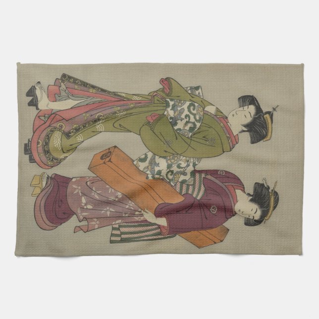 Geisha and servant carrying her koto kitchen towel (Horizontal)