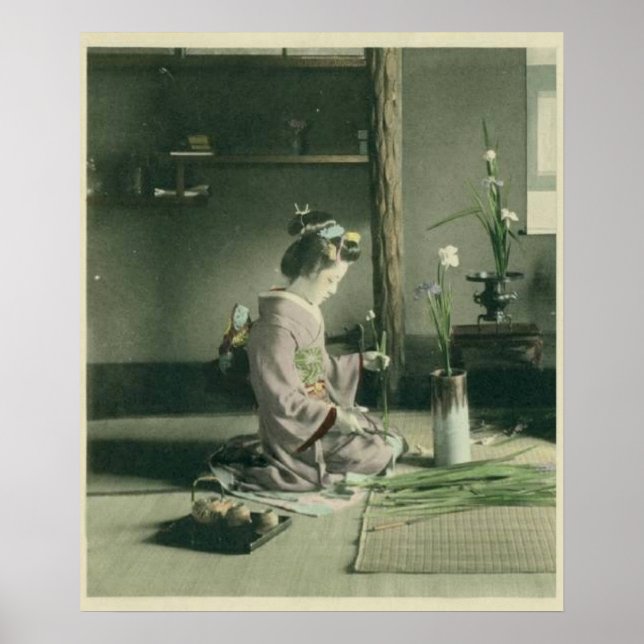 Geisha Arranging Iris Flowers Poster Print (Front)