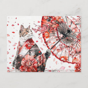 geisha cat in a detailed kimono sits gracefully postcard