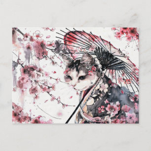 Geisha Cat with Parasol and Cherry Blossoms in Chi Postcard