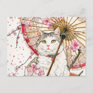 Geisha Cat with Parasol and Cherry Blossoms Postcard