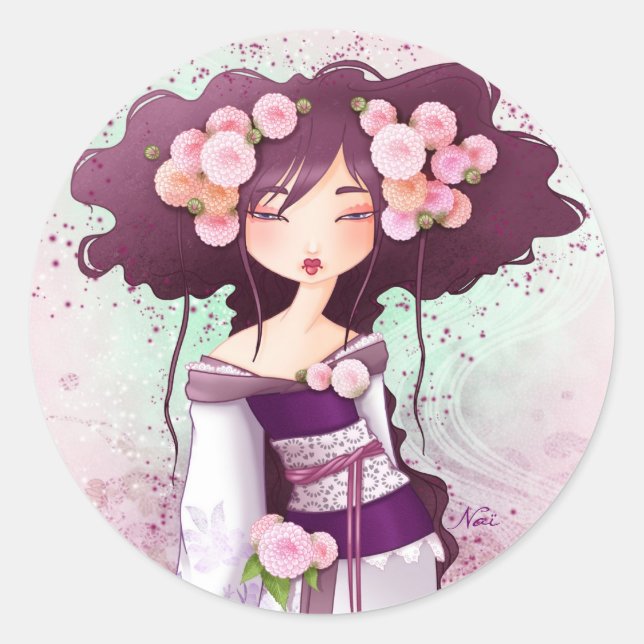 geisha dahlia classic round sticker (Front)
