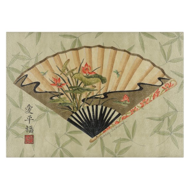 Geisha Fan with Leaves and Floral Print Cutting Board (Front)